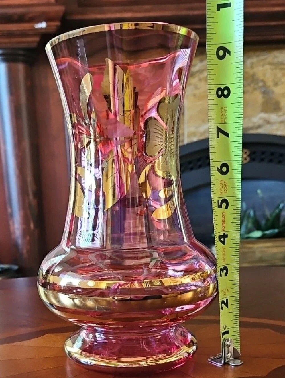 Gorgeous Bohemian Cranberry Glass Vase Gold Floral Hand Painted Czech Art Glass